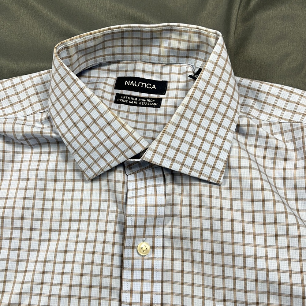 Nautica Premium Non-Iron Dress Shirt| Robins Egg Blue | Plaid  | 17 Neck 34/35